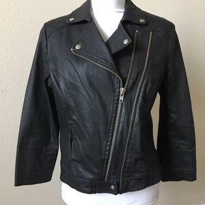 Black Moto Style Coated Denim Jacket